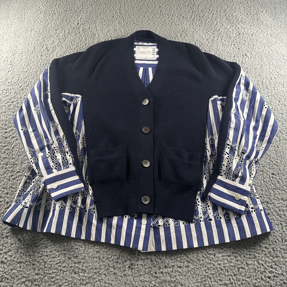 Sacai Mixed Media Cardigan Sweater Womens 1 Blue Wool Striped Shirt 21-05699